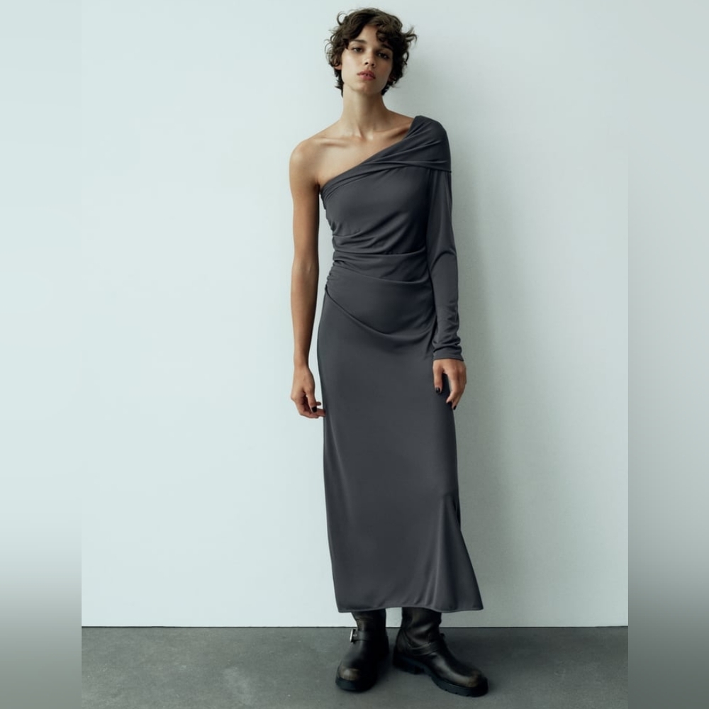 NWT ZARA Drapped Asymmetrical Midi Dress Gray
